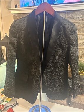 Black Floral Jacquard Shawl Collar Blazer for Kids (Brand Unspecified)